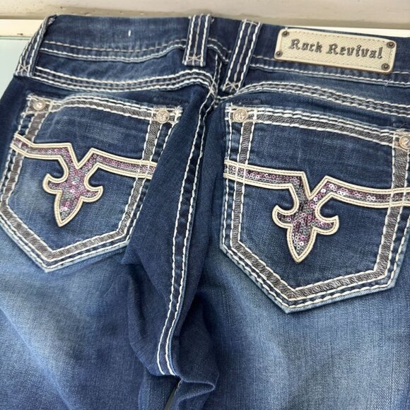 Rock Revival Jacklyn Boot Jeans Women's 32 Embellished Pockets Thick Stitch Y2K - Picture 4 of 12